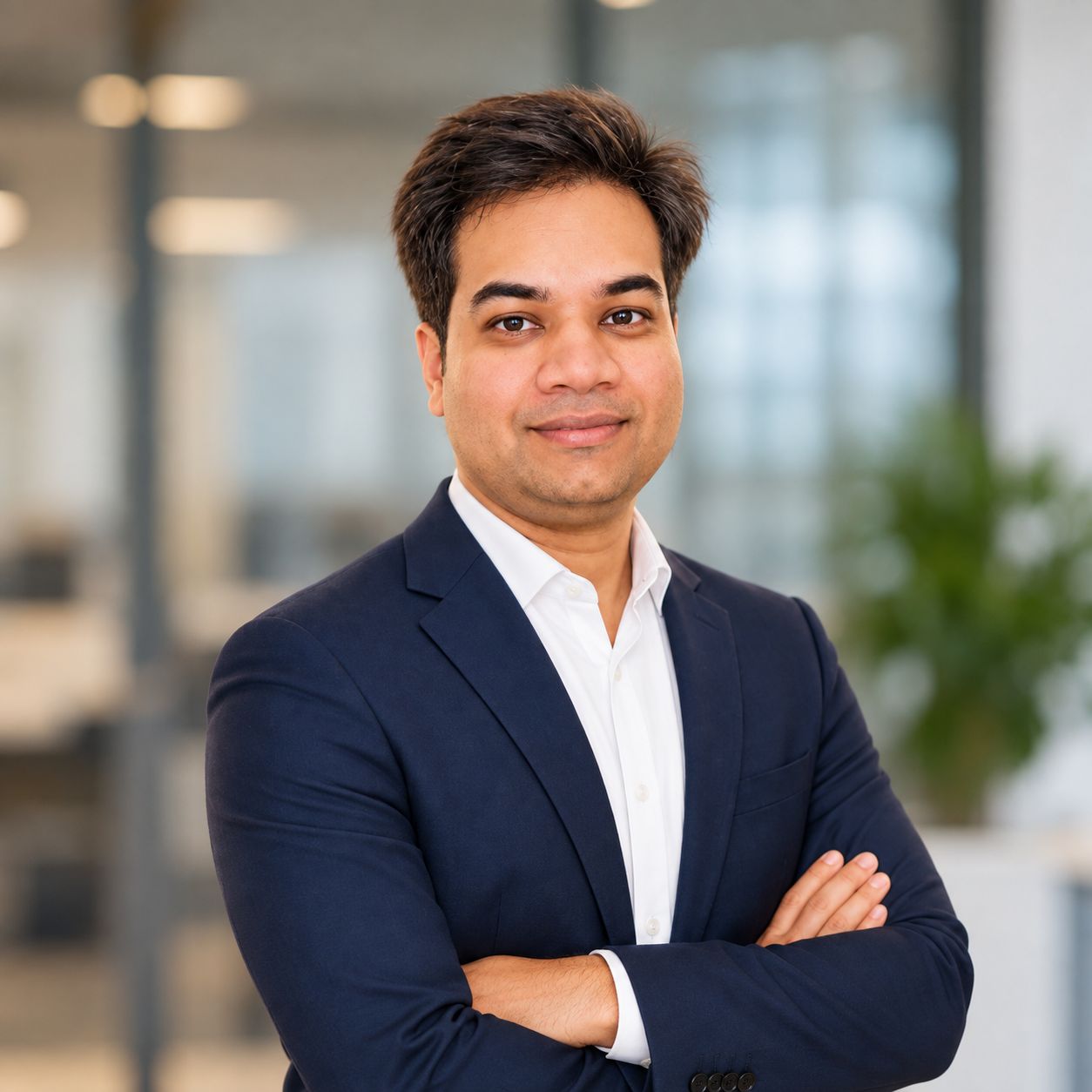 Sandeep wearing a navy suit and white shirt in an office